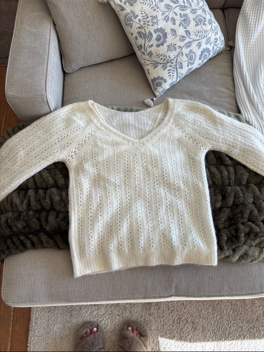 Sezane Open-Knit V-Neck Sweater jumper in Cream